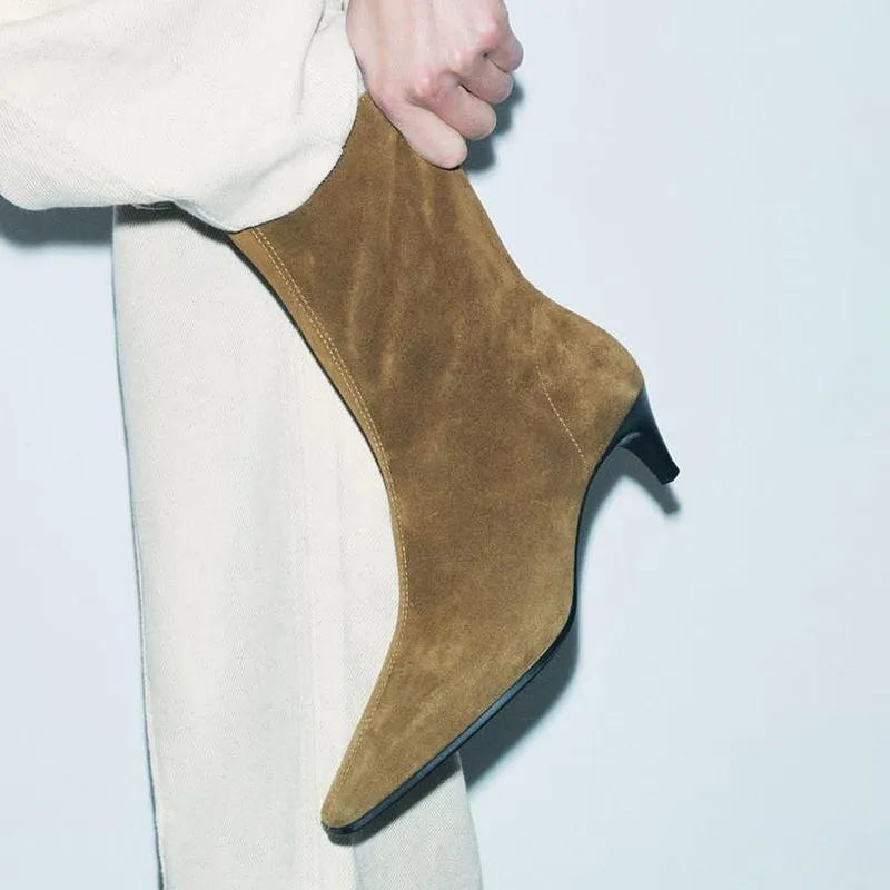 Brown square toe ankle boots with side zipper and kitten heel on waterproof platform