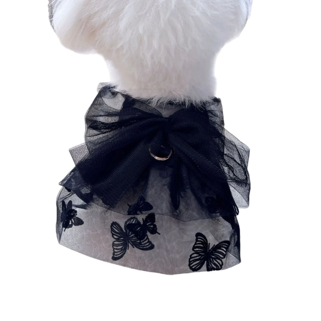 Black polyester princess tulle skirt for small dogs and cats with size chart showing chest and back measurements