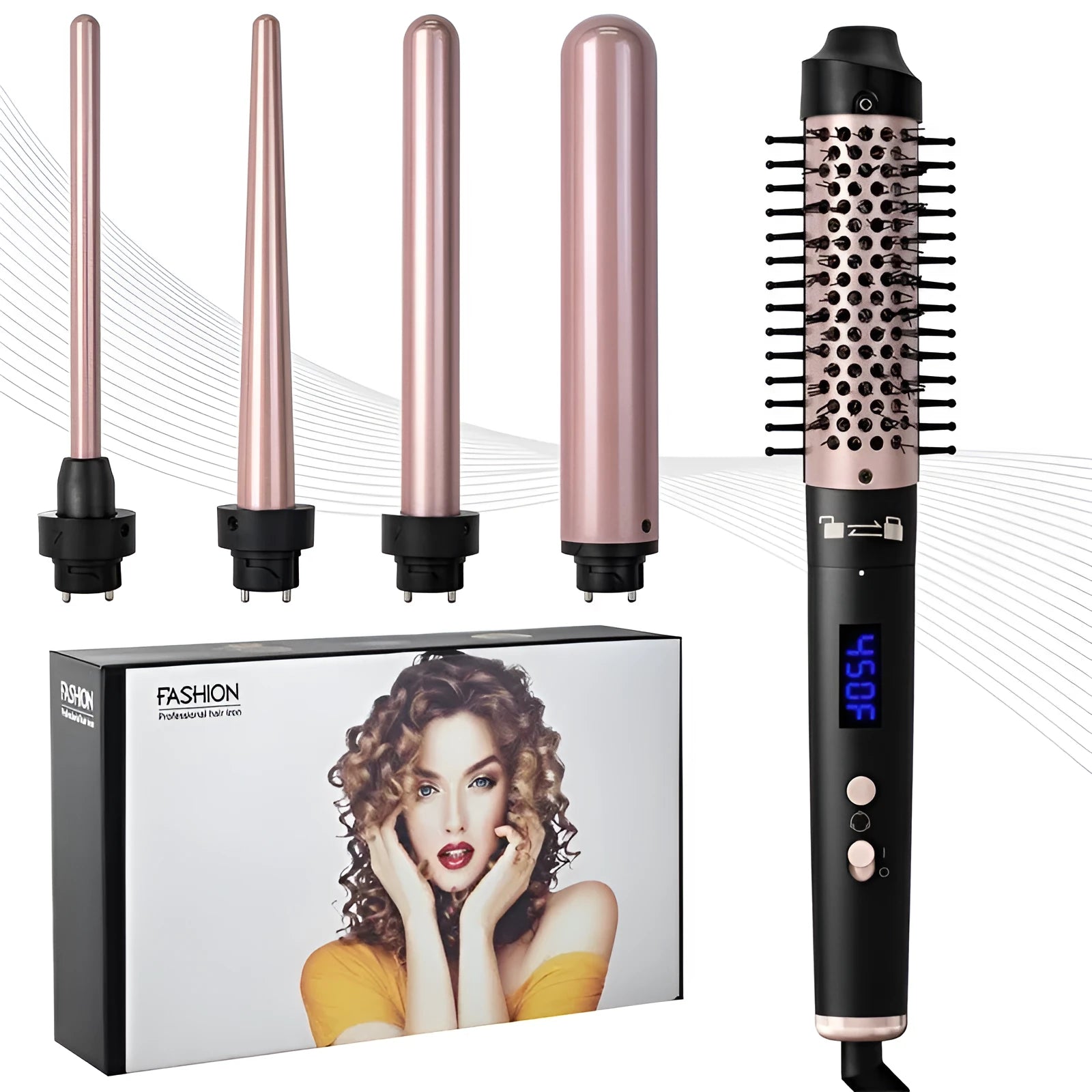 Automatic large wave hair curler in rose gold with three black headbands on a white background