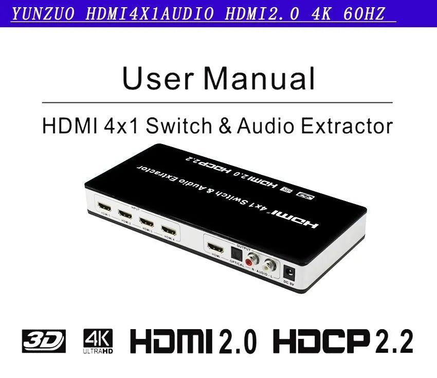 Black HDMI 4x1 switch with remote control for home theatre video switching