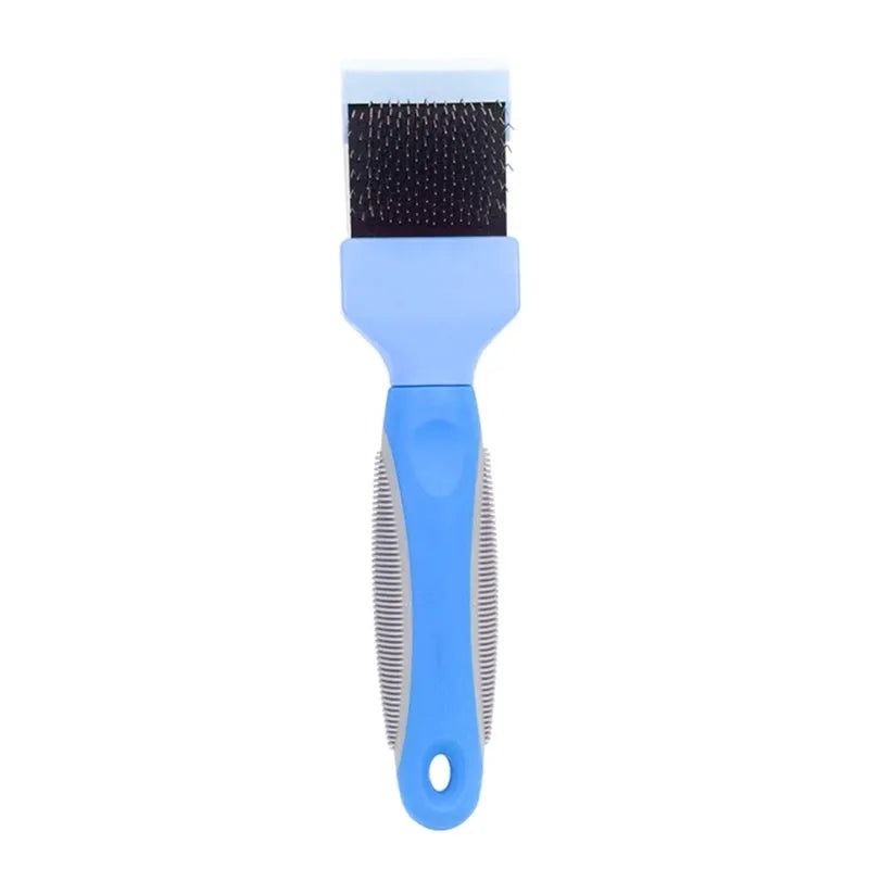 Double-sided pet brush showing stainless steel pins on one side and soft bristles on the other, with blue handle.