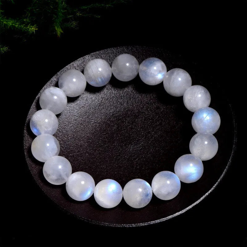 Natural blue moonlight moonstone bracelet with round polished beads in various size options