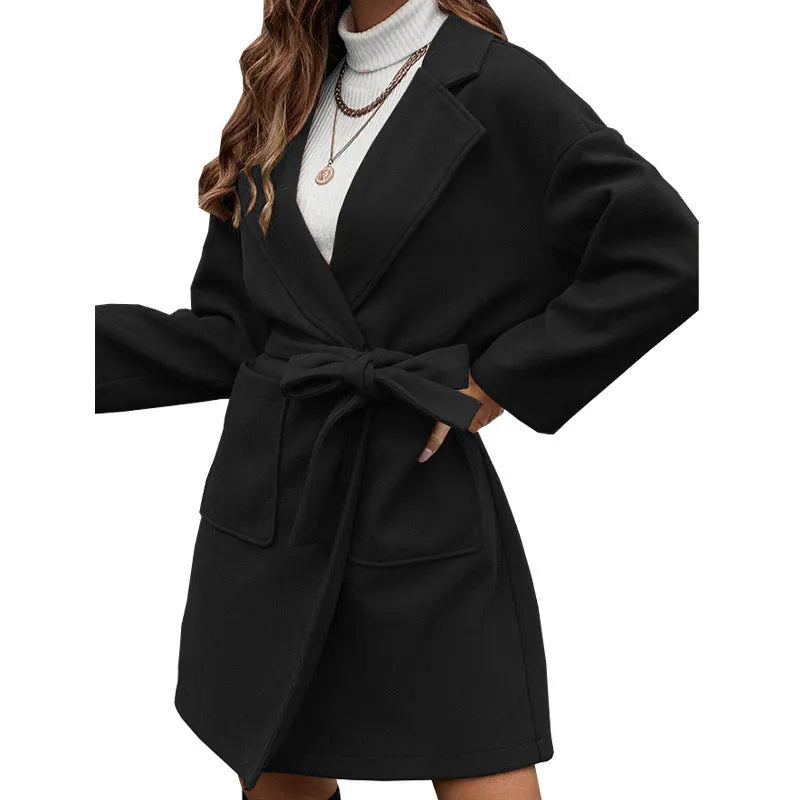 Long sleeve lapel coat with belt closure and split hem in Dragon and Phoenix polyester fabric