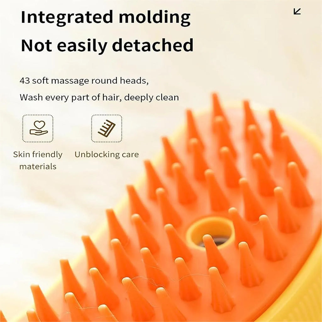 Green rechargeable cat steam brush with round teeth and cat paw ends for grooming