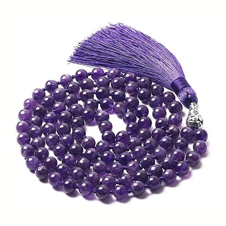 Geometric agate tassel necklace in a choice of ten colours including blue stone and amethyst, shown at full 95-100cm length.