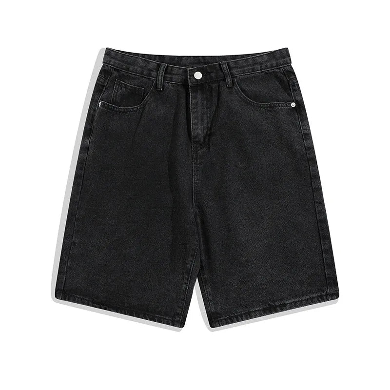 Men's straight-leg denim shorts in light blue colour showing zipper closure and casual cut