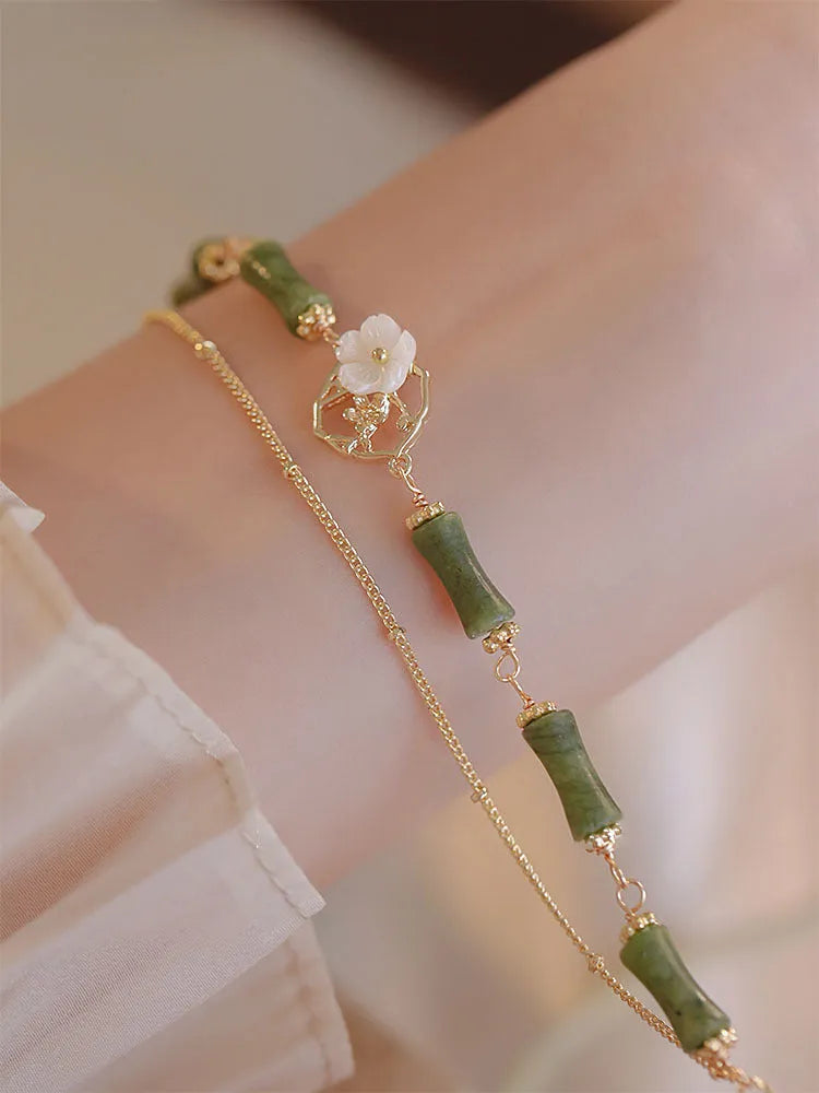 Natural olivine gemstone double layer bracelet for women with pastoral Twin Bells of Ireland design
