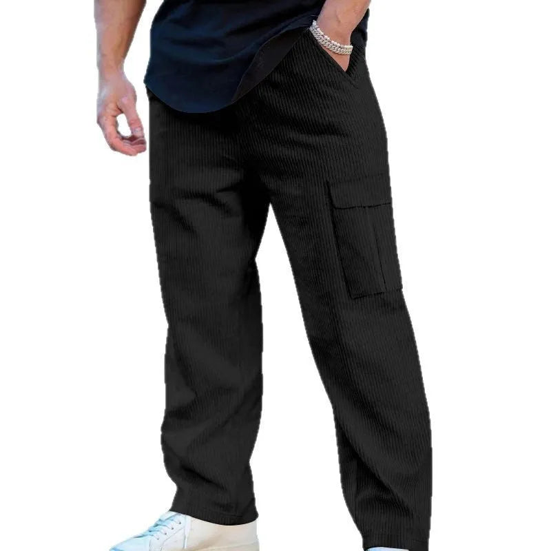 Men's corduroy cargo trousers in wide-leg straight fit with drawstring waist in multiple colour options