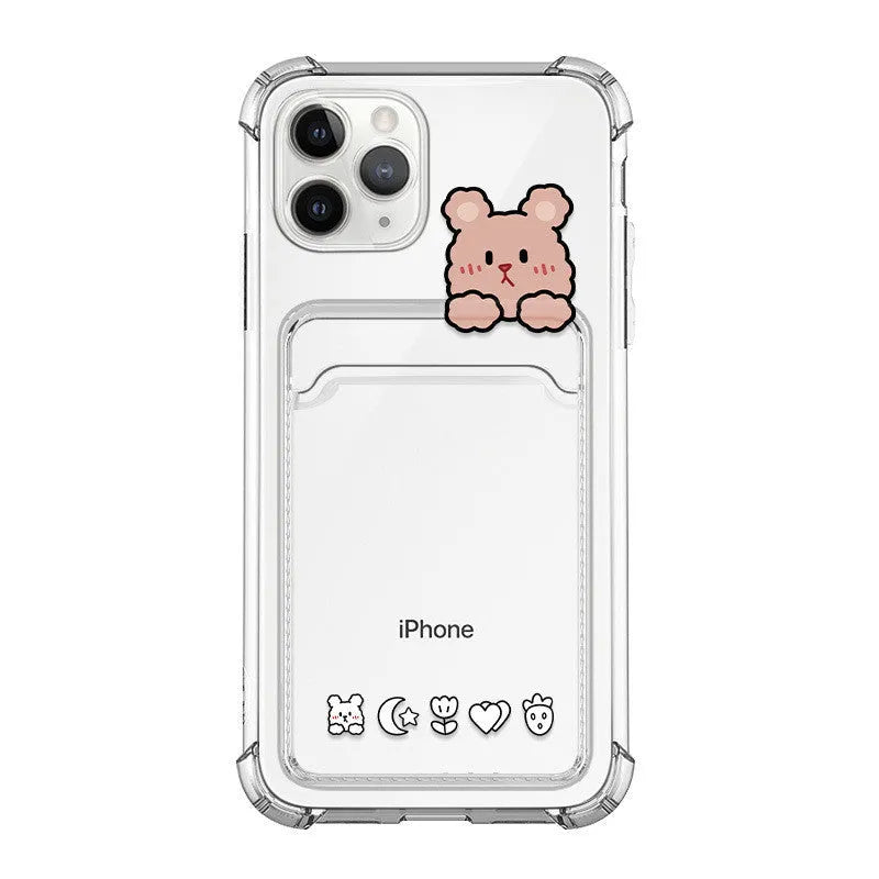 Transparent cartoon-themed iPhone case with a card slot, shown on an iPhone.
