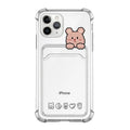 Transparent cartoon-themed iPhone case with a card slot, shown on an iPhone.