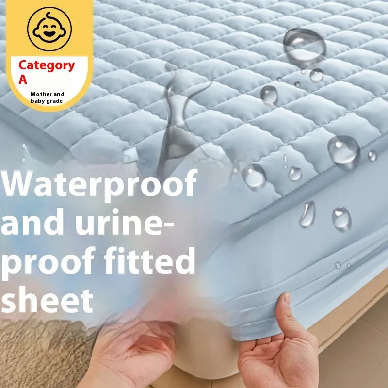 Blue waterproof washed cotton fitted sheet with elasticated edge on a mattress
