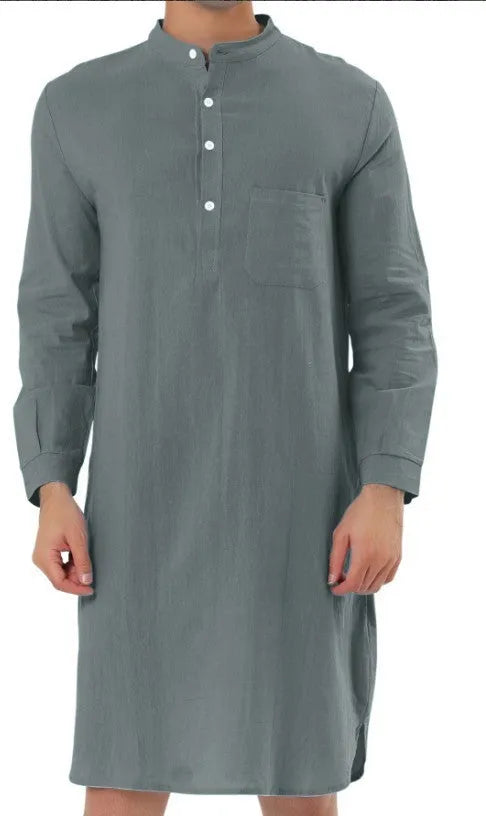 Men's simple cotton shirt robe with pocket available in white black and blue sizes S to XXL
