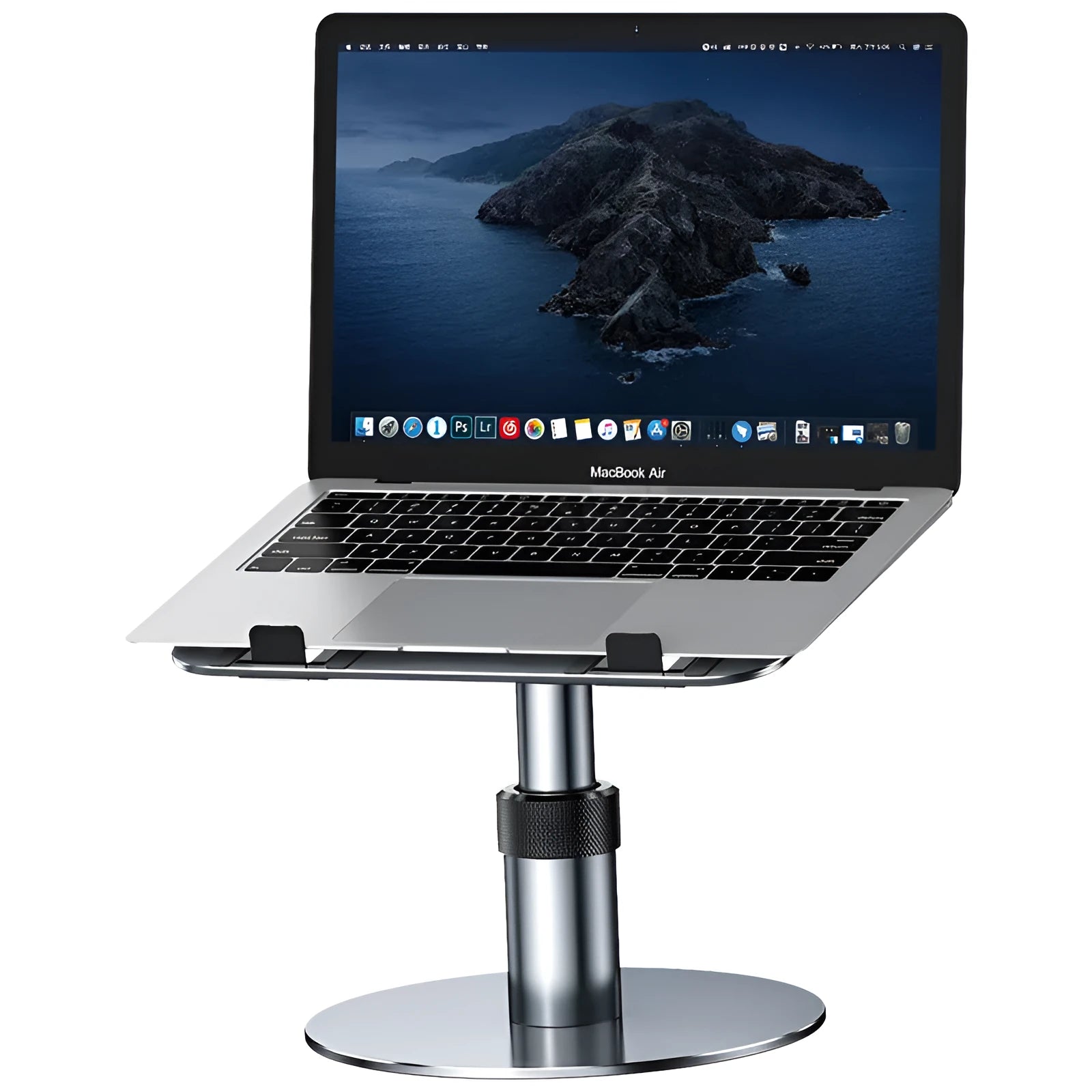 Silver aluminium car laptop stand shown at an adjusted height with a laptop secured on top.