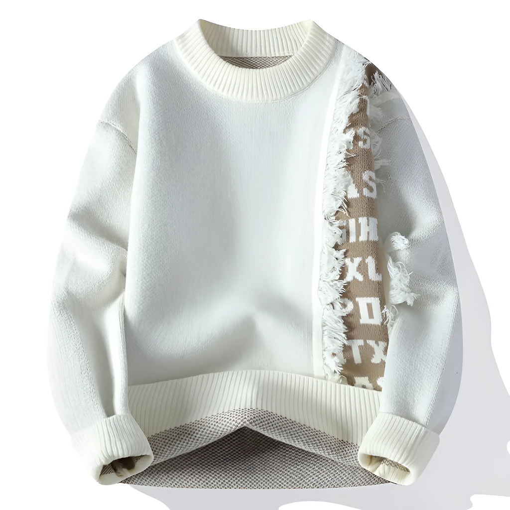 Men's loose knitted pullover with ribbed hem in polyester and rabbit fur blend fabric