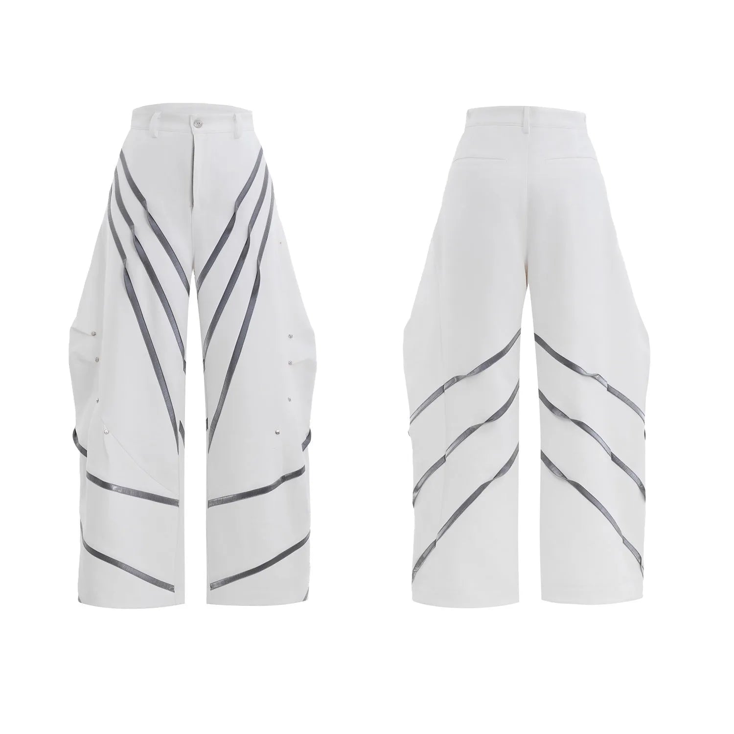 Men's polyester trousers with three-dimensional cut, metal striped rivets, and pleated front.