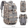 Large khaki coloured off-road hiking backpack with adjustable straps and multiple compartments.