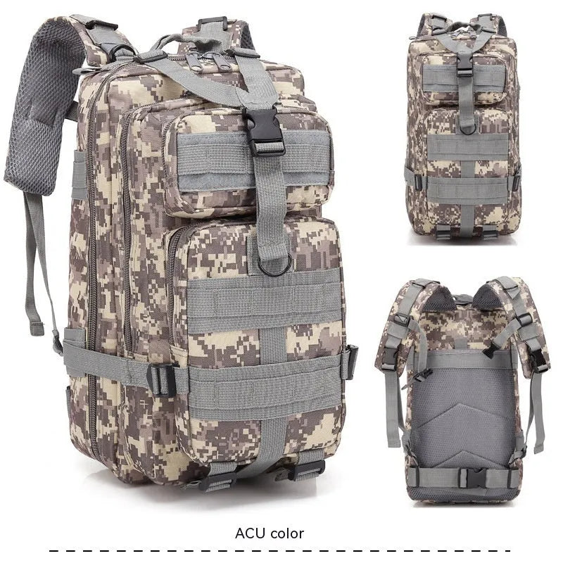 Large khaki coloured off-road hiking backpack with adjustable straps and multiple compartments.