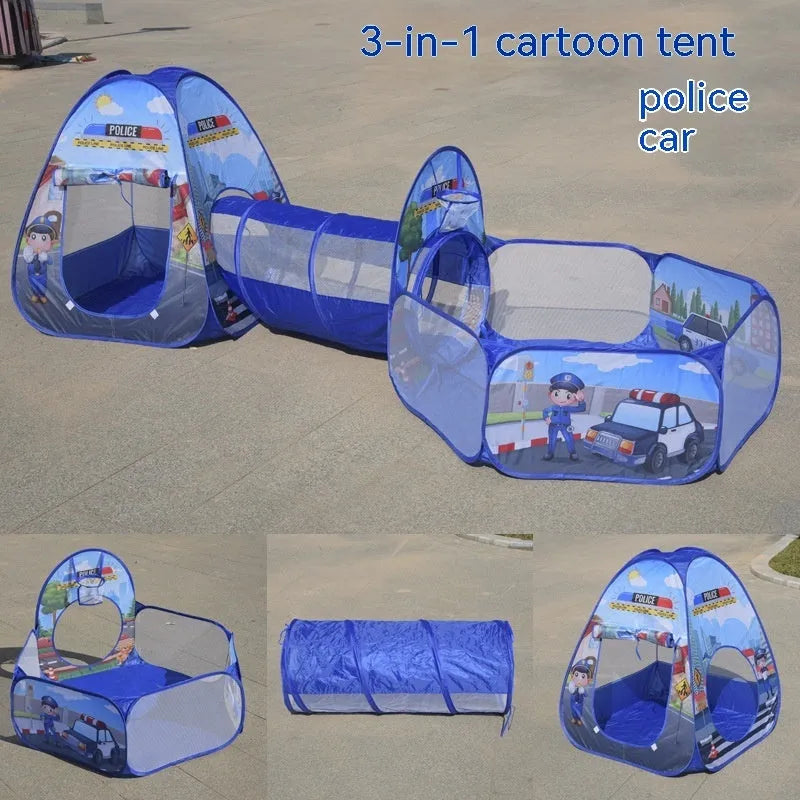 Colourful marine cartoon children's tent with integrated ball pool and crawl tunnel
