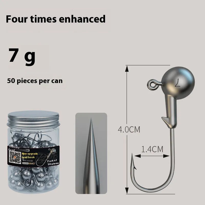 Set of 50 enhanced jig fishing hooks with 4-times strengthened steel construction in primary colours