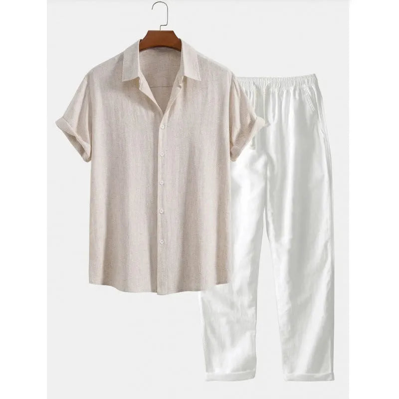 Men's casual linen-look shirt and trouser set in multiple colours with short sleeves and loose fit