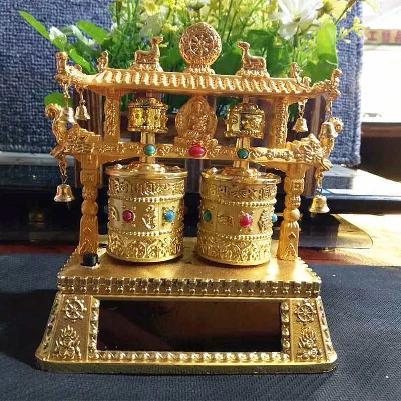 Electric alloy prayer wheel body with Chinese tradition style for car interior decoration measuring 12x15x8cm