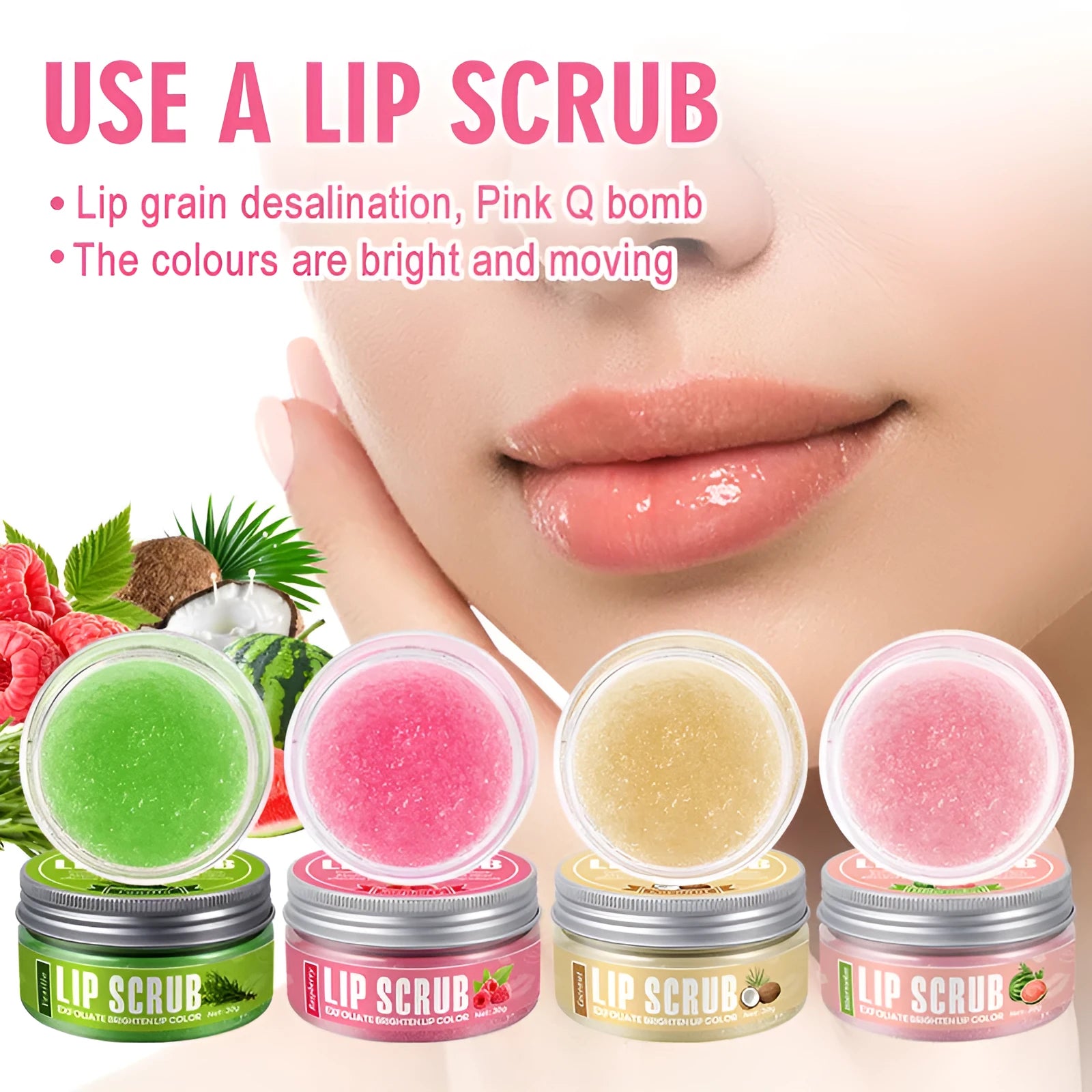 Amatoni lip scrub cream in 30g container with coconut, raspberry, vanilla, and watermelon flavour options