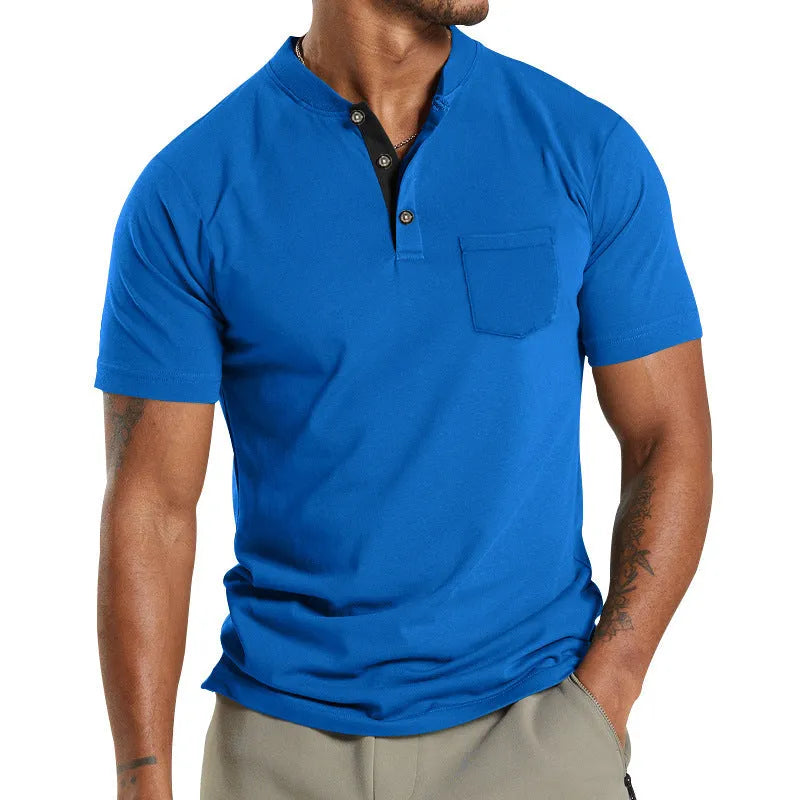 Plus size men's short sleeve button shirt with chest pocket in solid colour polyester fabric