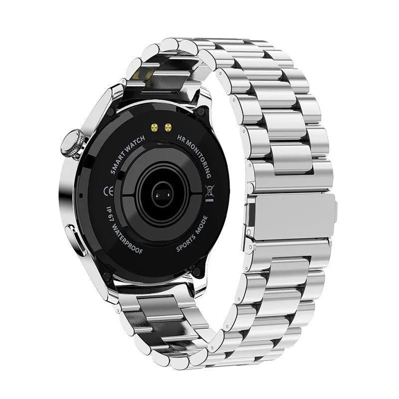 Smart watch with colour touch screen showing heart rate data, with a black silicone sports strap on a wrist.