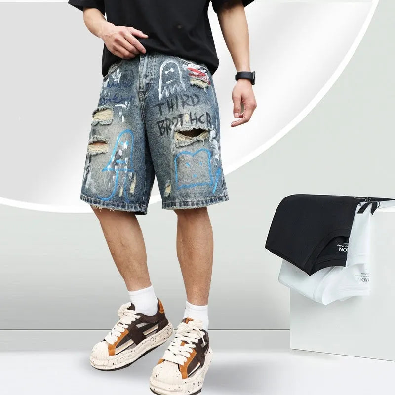 Blue ripped men's denim shorts with straight-leg cut and zipper fly closure