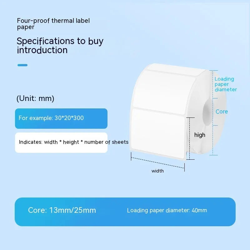 Roll of white bright film thermal paper labels measuring 40x40mm for price marking applications