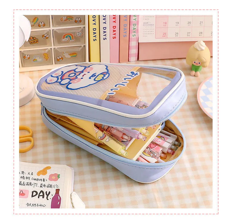 Transparent PVC pencil case with South Korea style cartoon design and large capacity for stationery