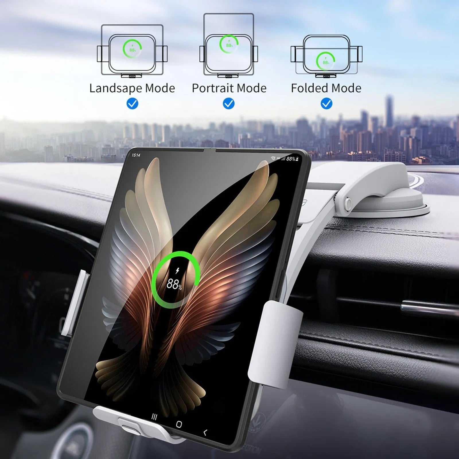Wireless charging car phone holder with folding screen and multiple mounting accessories including air vent clip and suction cup bracket