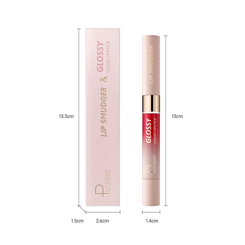 Double-headed lipstick showing matte and glossy finishes in one of 10 available colours