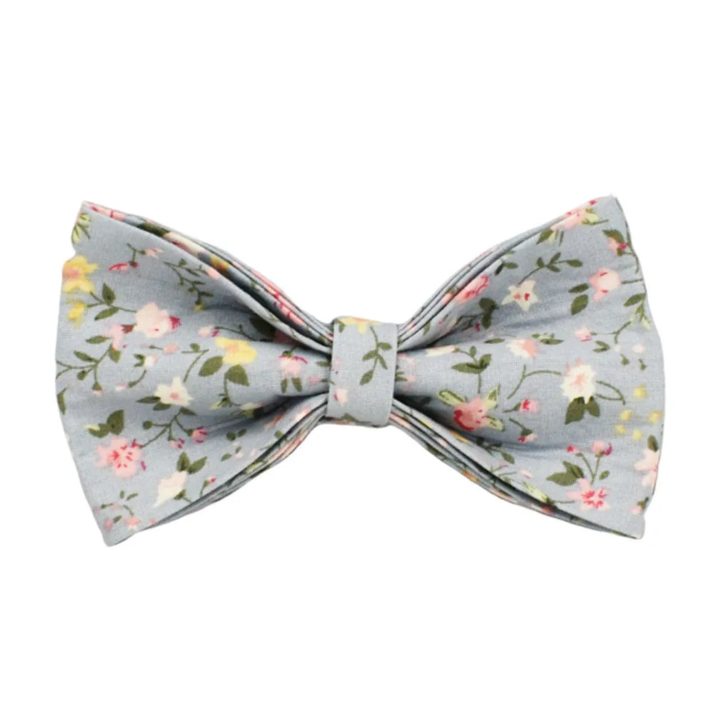 Blue floral polyester cotton dog collar set with leash, vest, bow, and poop bag in sizes XS to XL