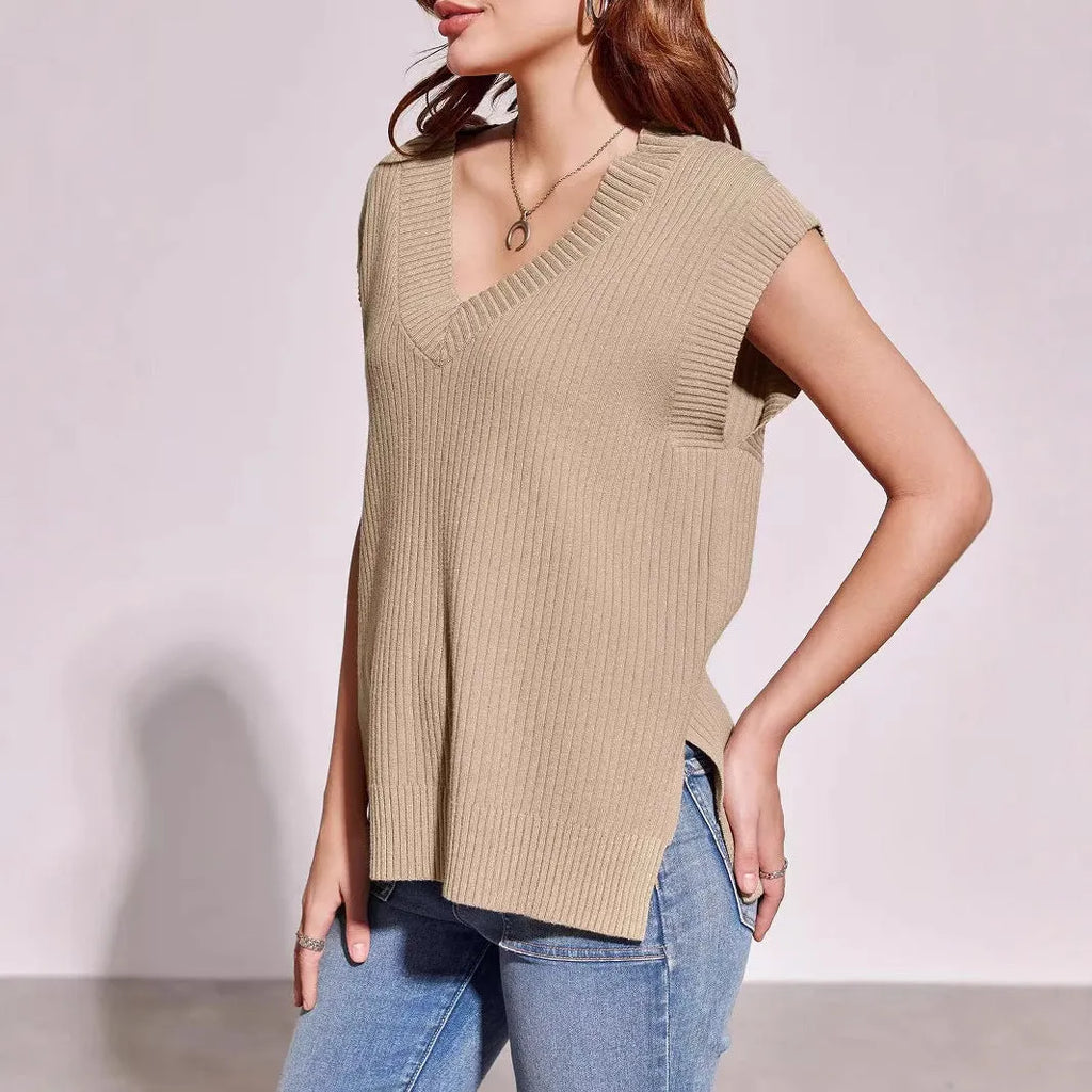 Women's camel coloured V-neck sleeveless vest with loose fitting viscose fabric
