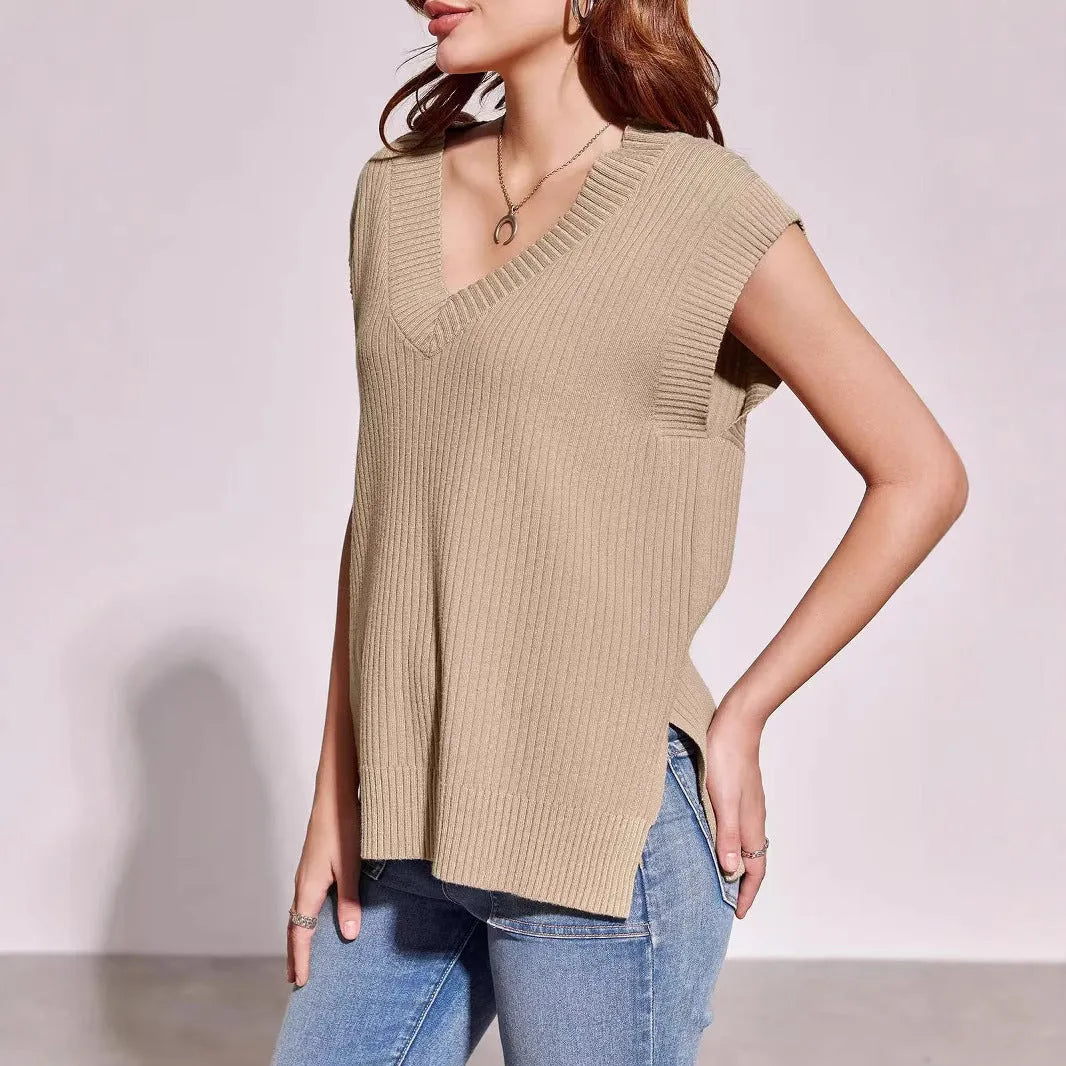 Women's camel coloured V-neck sleeveless vest with loose fitting viscose fabric