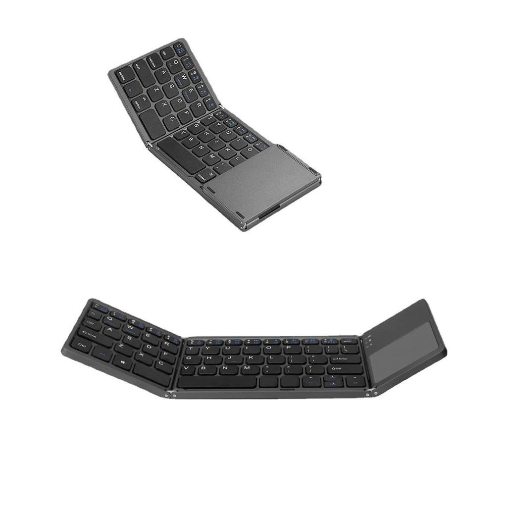 Tri-fold Bluetooth keyboard shown in black and silver colours with thin 0.8cm profile