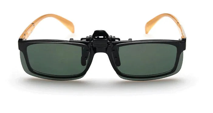 Clip-on driving sunglasses with plastic frame in grey, dark green, and night vision lens options.