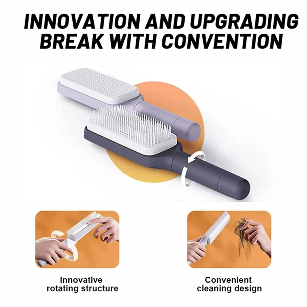 Roland purple and lunar rock grey self-cleaning hair brush with anti-static massage comb teeth.