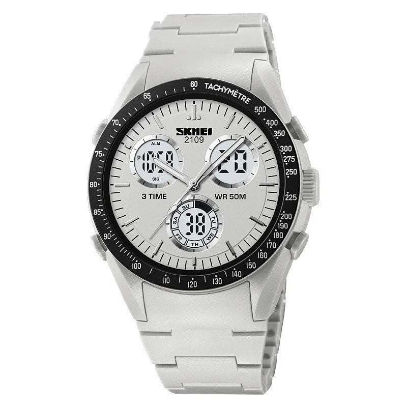 Electronic casual watch with camouflage pattern, resin mirror, and TPU strap showing 50m waterproof rating