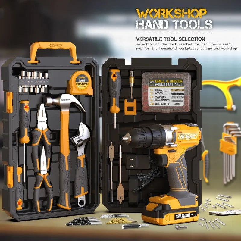 Grey-yellow case open to show 82-piece chrome-vanadium steel hardware tool kit.