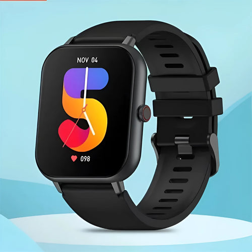 Bluetooth smart watch with heart rate monitor on wrist, showing TFT screen, available in black, silver gray, pink, khaki.