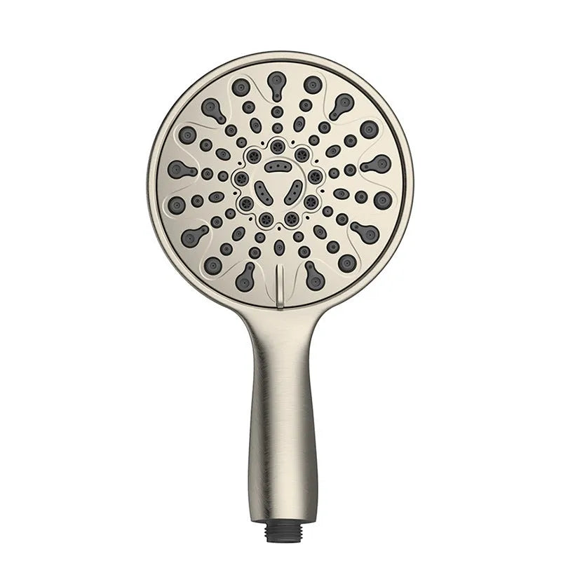Portable handheld shower head with six function settings and an electroplated finish.