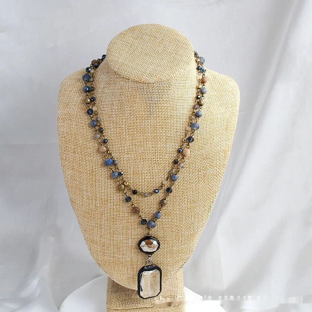 Two-layer tribal necklace with glass and natural stone pendant on adjustable alloy chain in beige colour