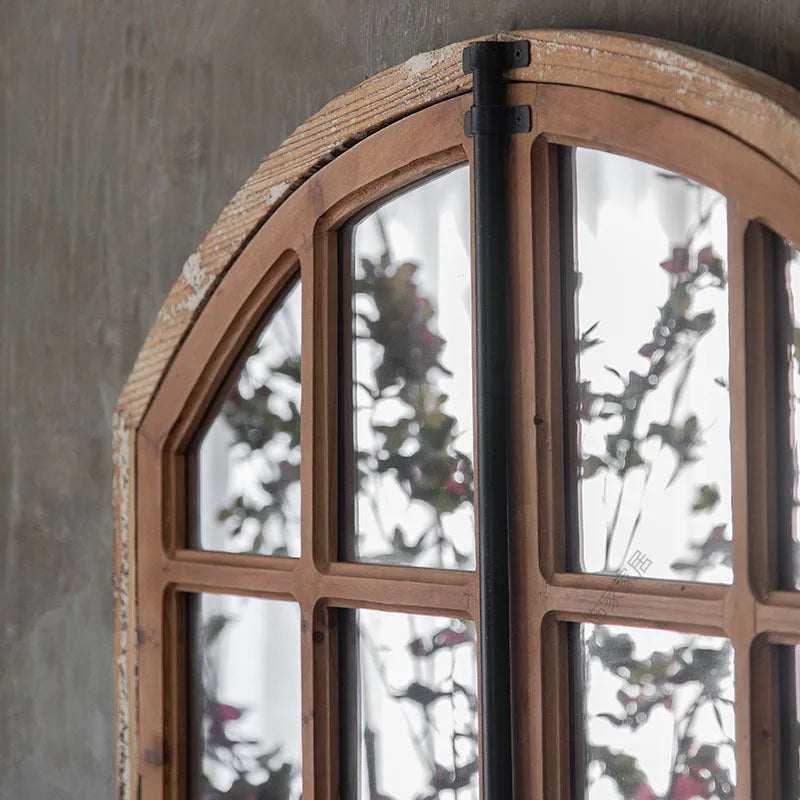 Terrace style distressed fake window wall mirror with wooden frame and glass panel in log colour