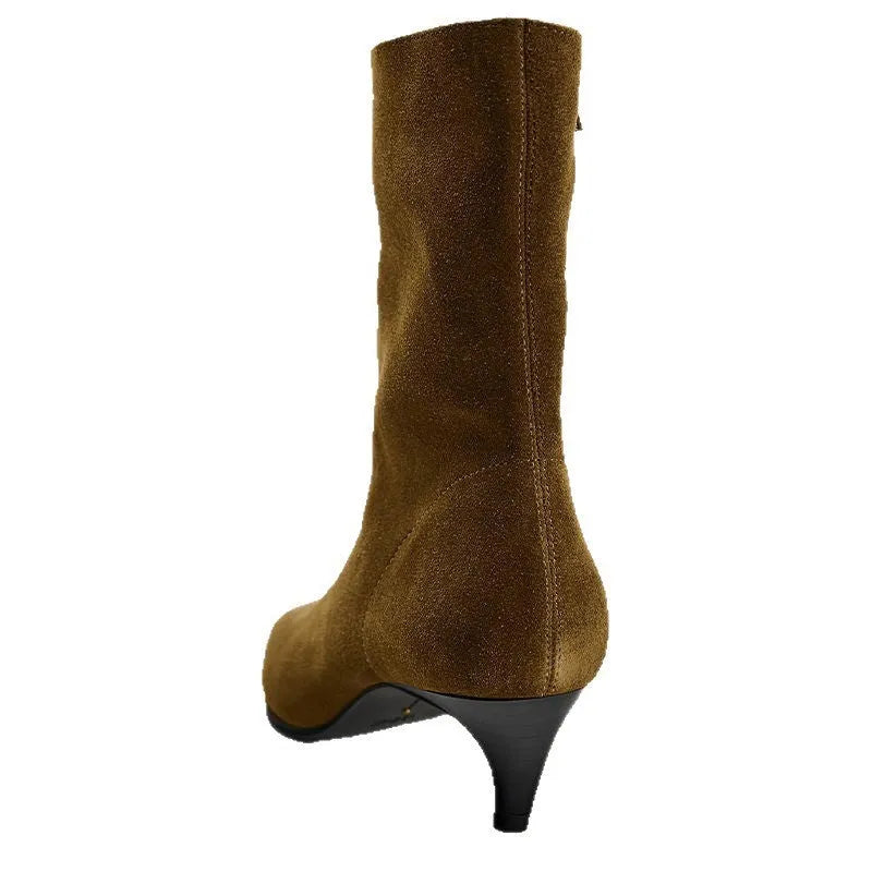 Brown square toe ankle boots with side zipper and kitten heel on waterproof platform