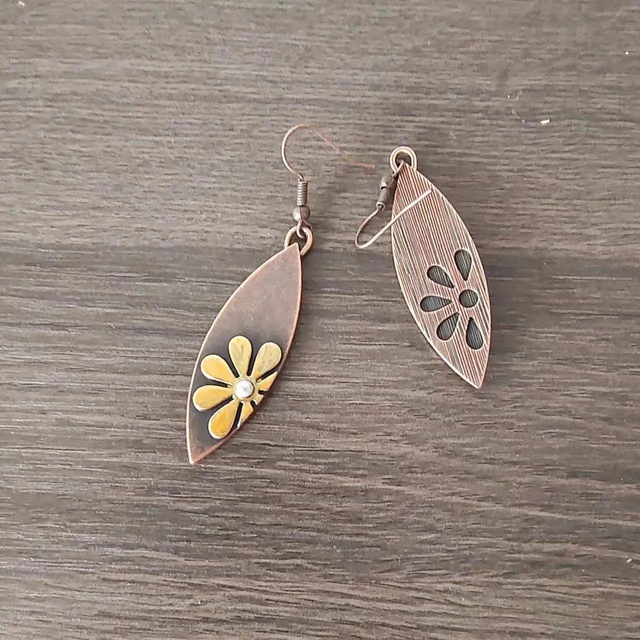 Handmade wooden water drop earrings with carved vintage wood and alloy flower detail