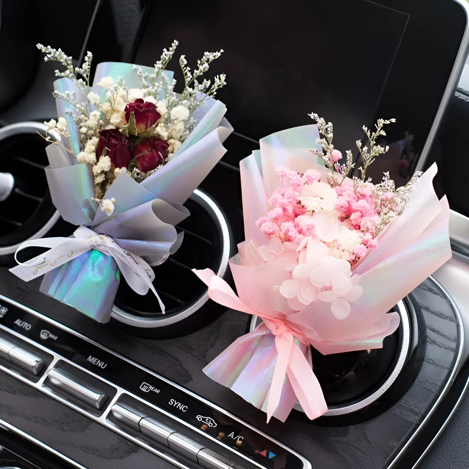 Handmade dried flower car vent perfume ornament in Champagne colour with fragrant slice