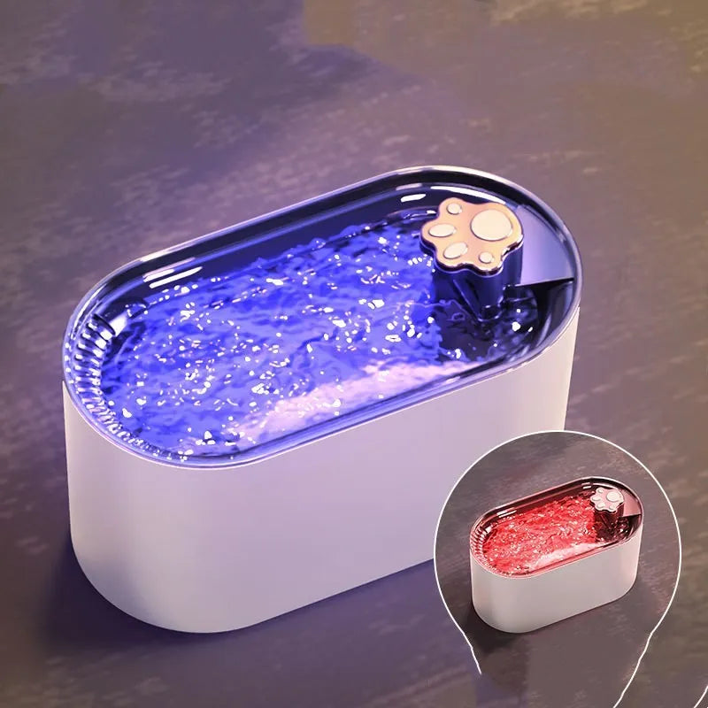 Blue automatic cat water fountain with 3L capacity, LED light, and triple filter system