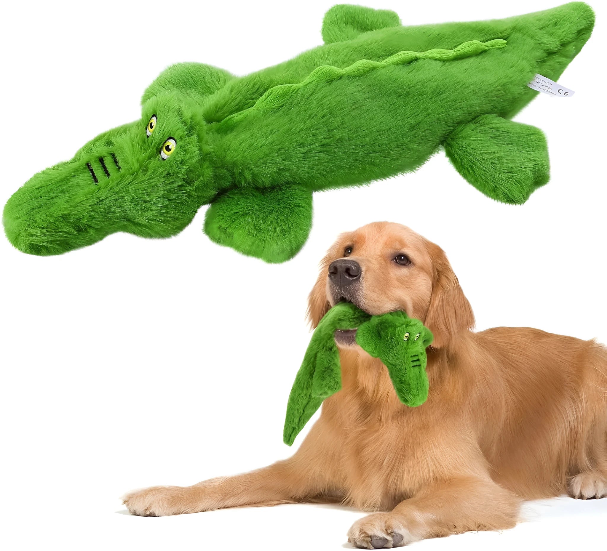 Green plush crocodile dog toy with no stuffing, for aggressive chewers.